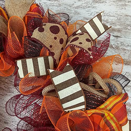 Burgundy Fall Wreath - Burlap Thanksgiving Autumn Door Wreath - Brown Maroon Red Orange Yellow : F2 (No Centerpiece (Wreath Only)) #TOP5