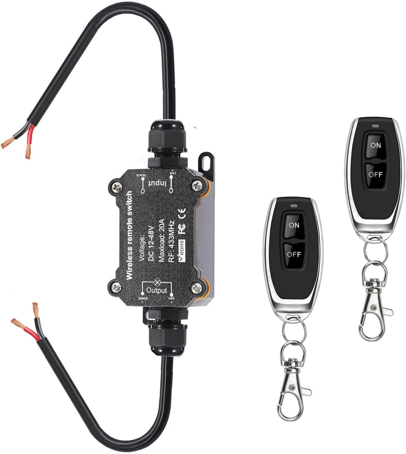 Remote Control Switch, DC12/24/48V Waterproof Wireless 433Mhz Transmitter Receiver Kit, 20A RF Module Relay ON/Off Switch, 164ft Long Range for Lights, Pump, Fan