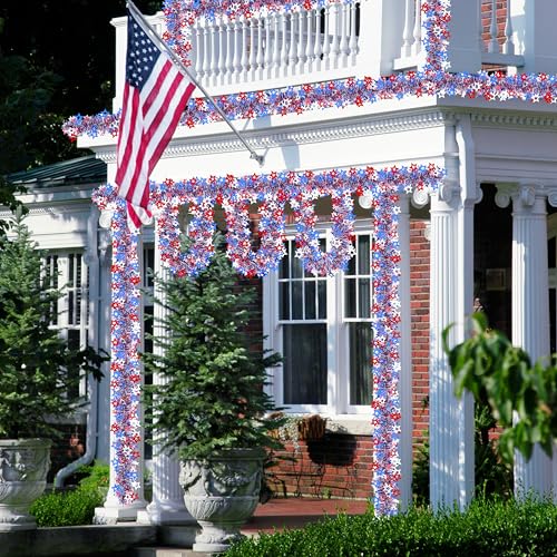 Image of 50FT 4th of July Patriotic Tinsel Garland, Glitter Tinsel Garlands with Cut Out Designs Star, Metallic Holiday Hanging Streamers for Memorial Day Independence Day Indoor Outdoor Party Decor