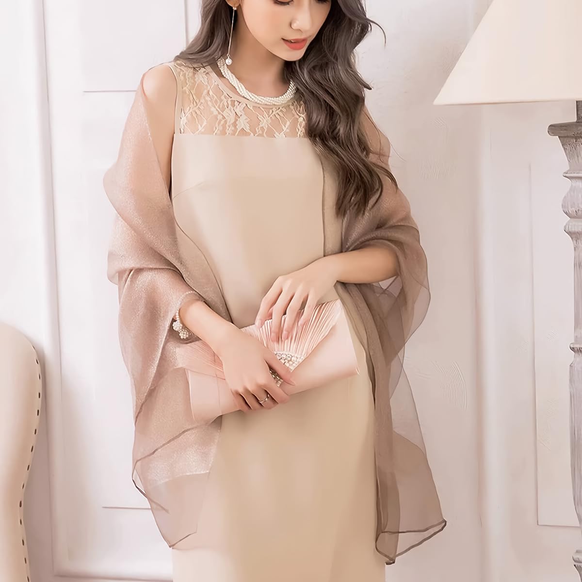 LumiSyne Foulard En Soie Organza à Double Épaisseur Femme Scintillants Écharpes Et Châles Pour Robe De Soirée Couleur Unie Avec Fil Dorée Tulle Léger Étole Magnifique Pour Mariage Mariée Fêtes