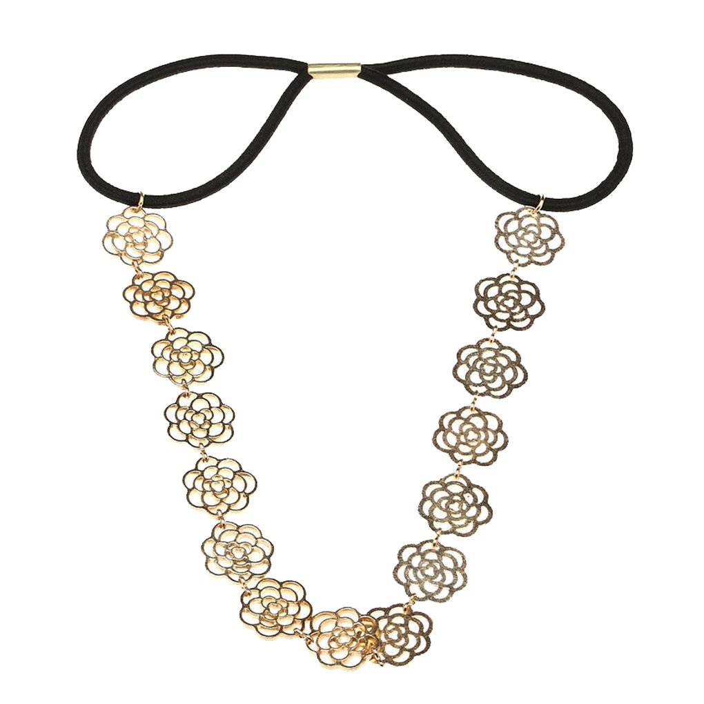 World Pride Hot Lovely Metallic Sweet Lady Hollow Rose Flower Elastic Hair Band Headband - Gold