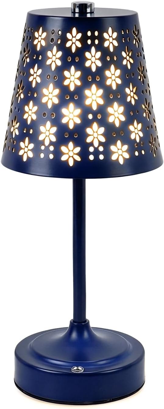 Rechargeable Cordless Table Lamp, Touch Control Battery Powered Bedside Lamp with Floral Cutout Shade, 3 Color Stepless Dimmable Decorative Nightstand Lamp for Bedroom (Navy Blue)
