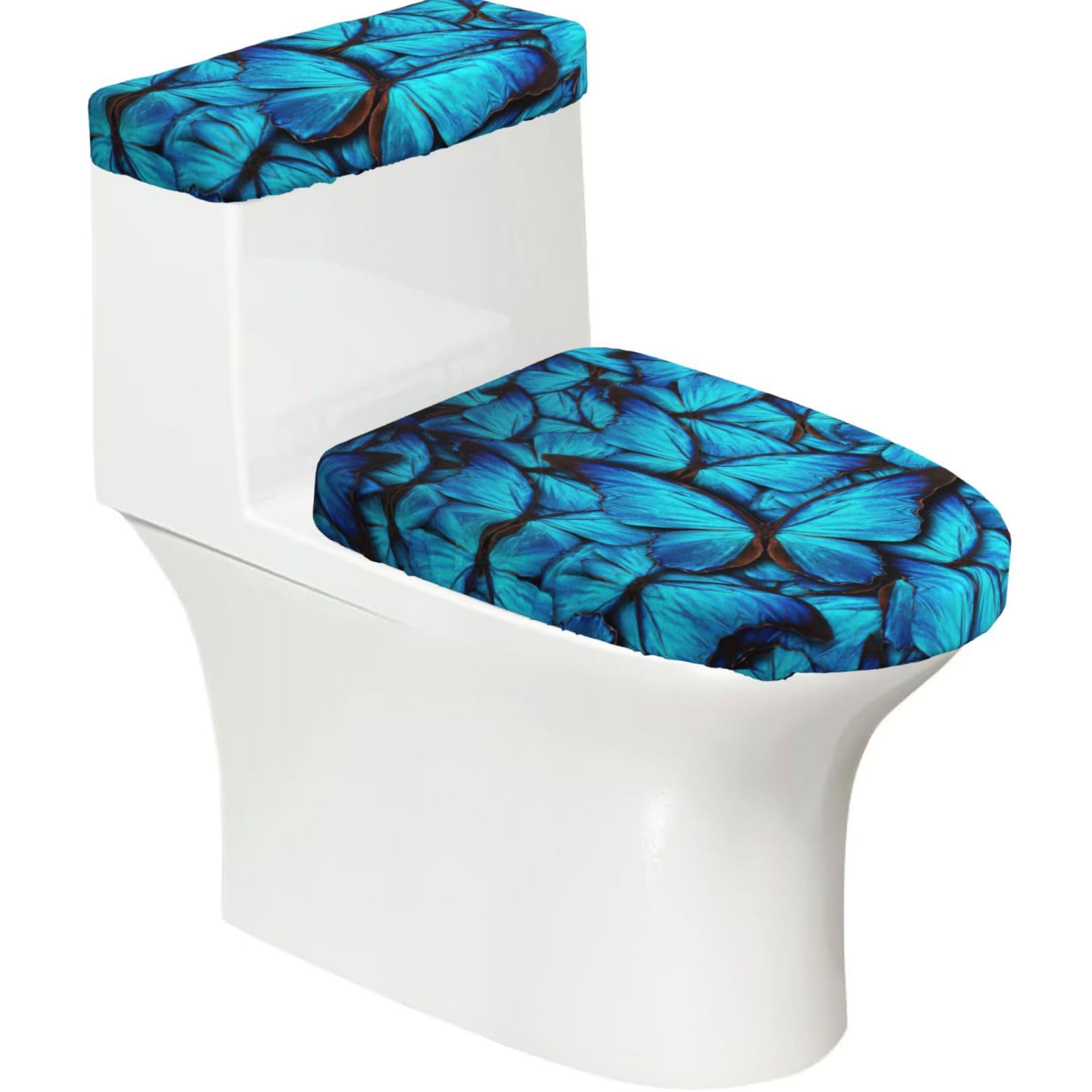 Many Blue Butterfly Printed Toilet Tank and Lid Cover Set of 2 for Most Bathrooms, Fits Elongated Round Toilets