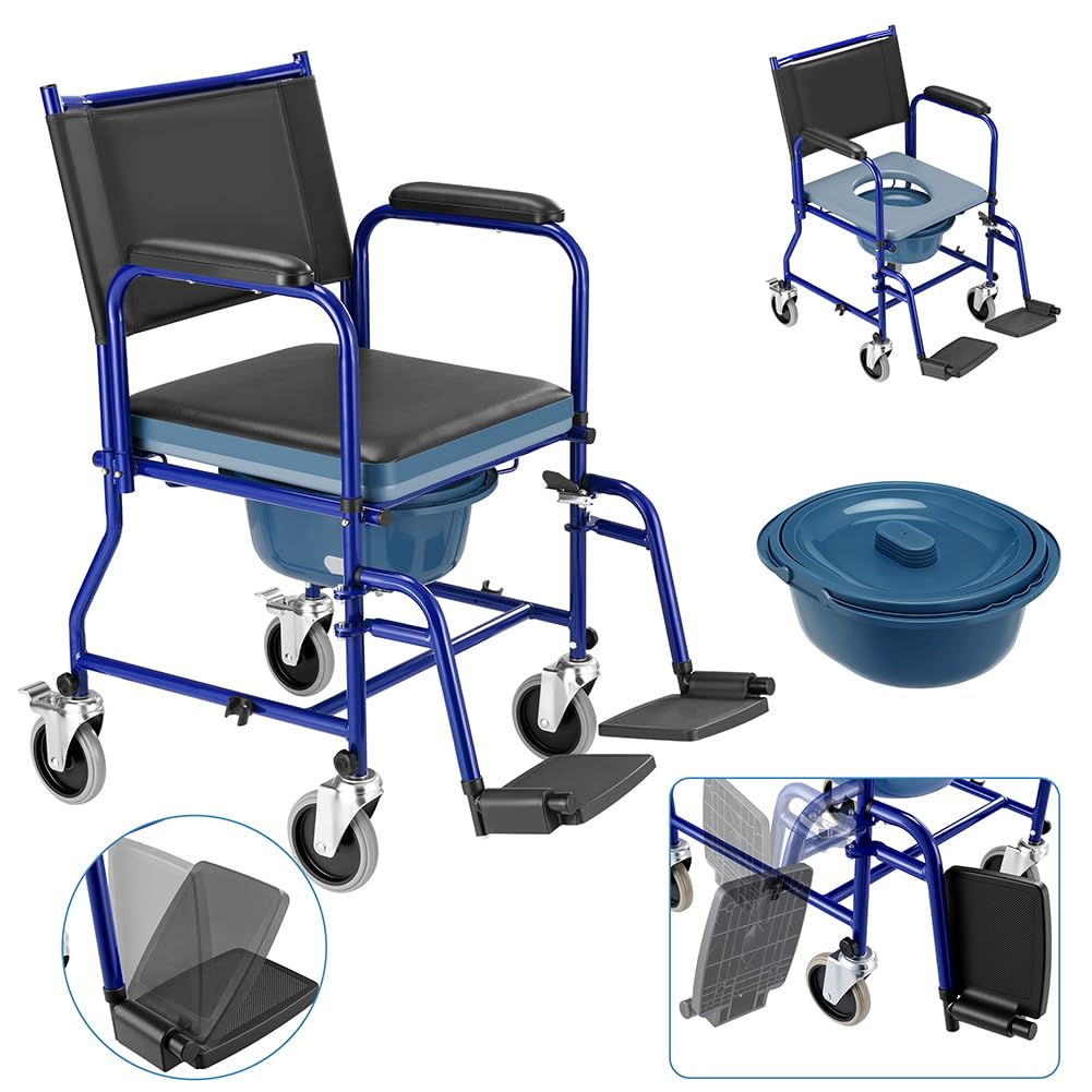 BAKAJI Sedia a Rotelle da Bagno con Vaso Rimovibile, Schienale e Seduta Ergonomica con 4 Ruote Piroettanti, Ausilio per Anziani, Disabili e Persone con Mobilità Ridotta, 53 × 57,5 × 94 cm