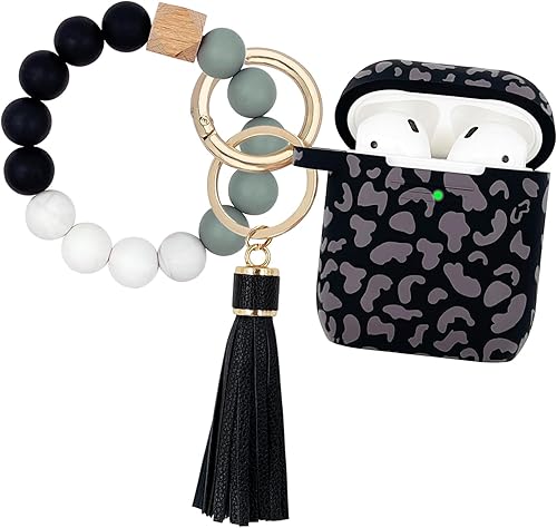 Funda compatible con AirPods, funda protectora de silicona suave con llavero de pulsera, compatible con Apple AirPods de 2ª generación (guepardo
