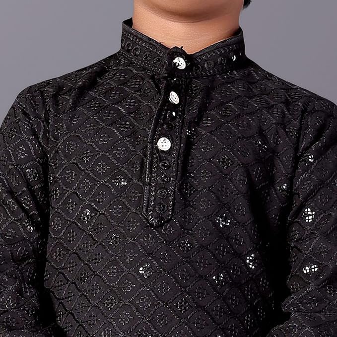 Image of Valaki Kurta Pajama Set for Boys Cotton Blend Mirror Work Embroidery Kurta Pyjama for Boys