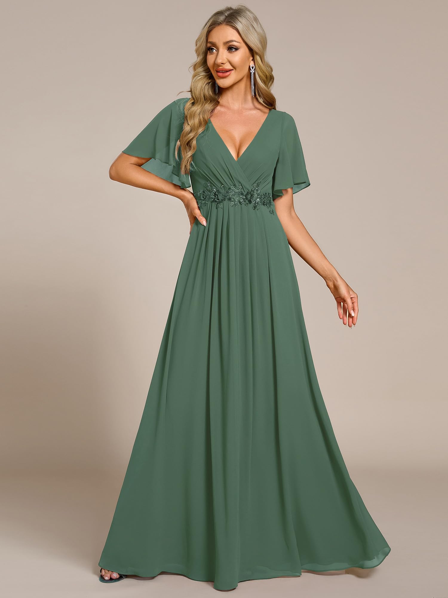 Ever-Pretty Robe de T Moin de Mariage Longue Appliqu Col V Manches Courtes Chic EE01960