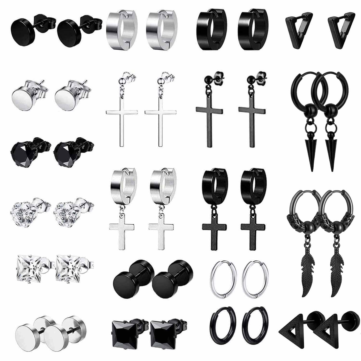 VELESAY 20Pares Aros Pendientes Hombre Acero Inoxidable Pendientes Aro Punk Colgantes Cruz Pendiente Aros Hombres Aretes Kpop Huggie Pendientes Redondos Colgantes Conjunto Pendientes para Hombres y Mujeres