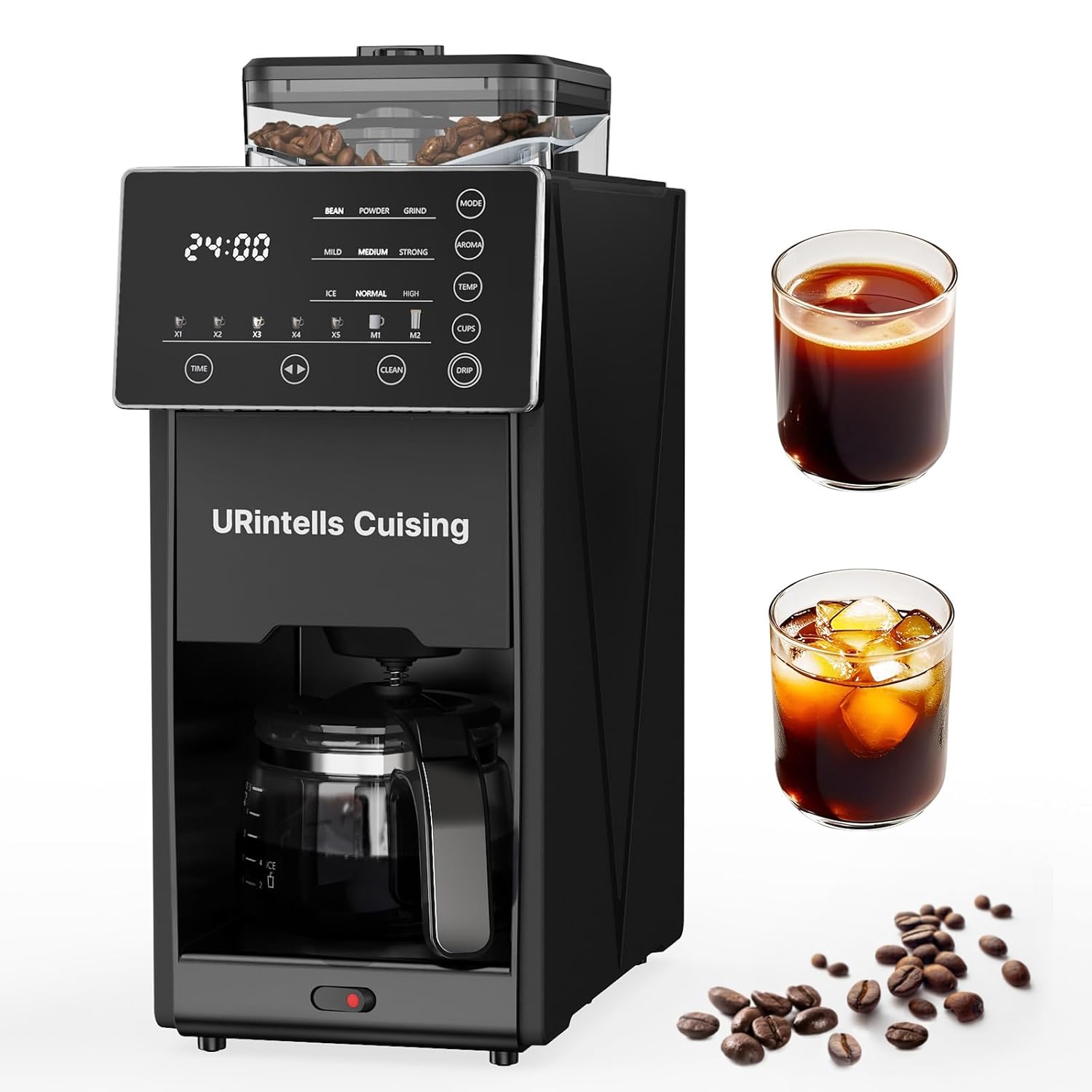 Coffee Maker with Grinder Programmable Hot and Cold Coffee Maker with 22 oz Glass Carafe Fully Automatic Coffee