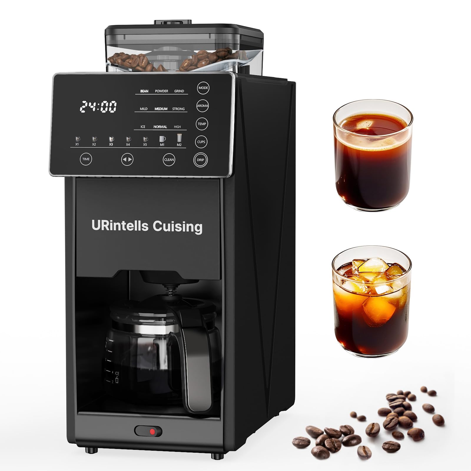 Coffee Maker with Grinder, Programmable Hot and Cold Coffee Maker with 22 oz Glass Carafe, Fully Automatic Coffee Machine with Timer, Removable Filter, Black Americano Coffee Machine