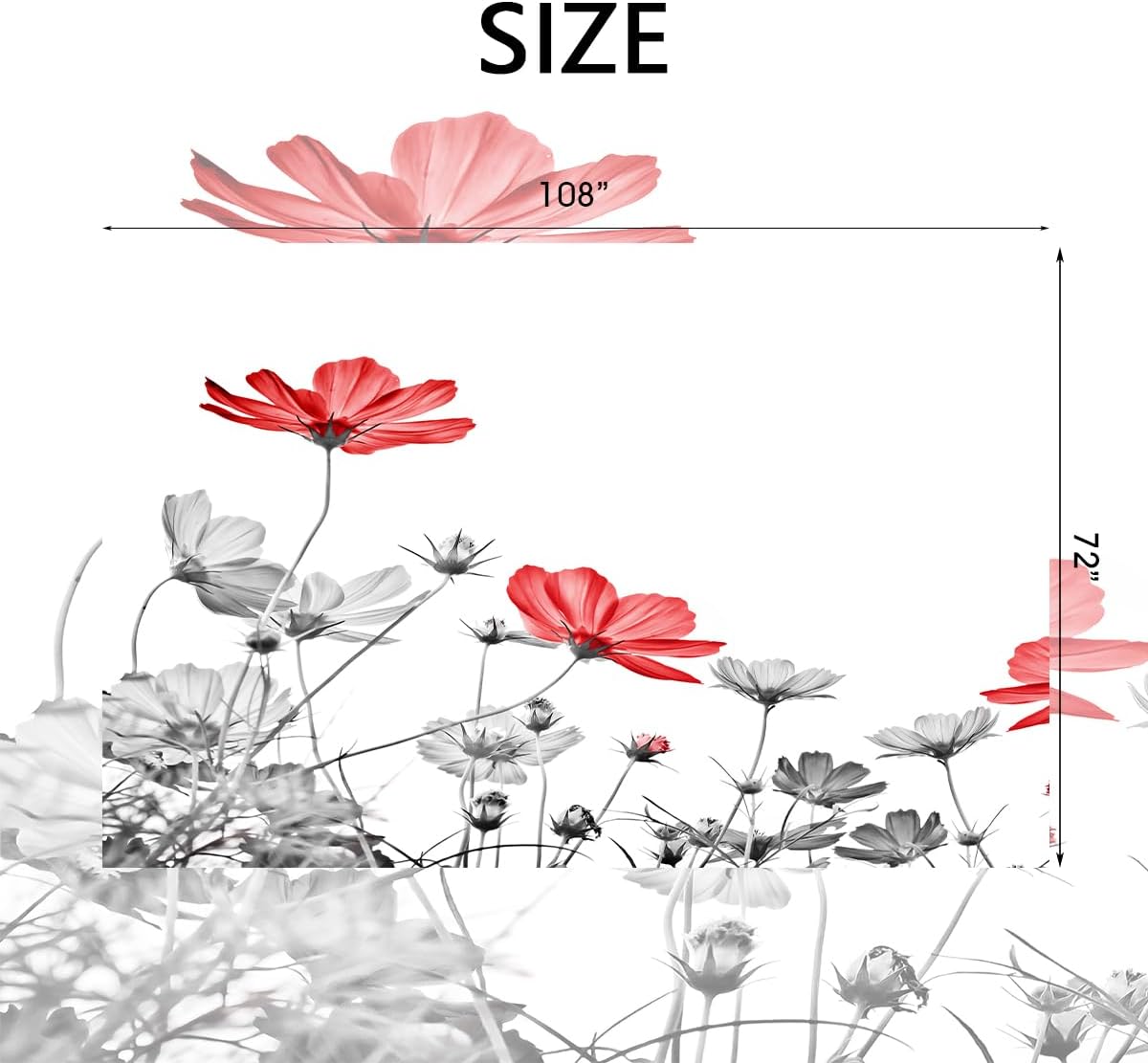 Extra Wide Shower Curtain 108''W x 72''L Clawfoot Tub Wrap Around Red Gray Daisy Floral Elegant Flower Wildflower Bathroom Curtains Accessories Polyester Fabric 18 Pack Hooks