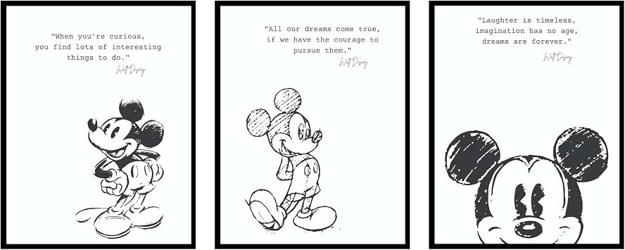 BigWig Prints Mickey Mouse Wall Decor - Mickey Mouse Wall Art Quotes, Nursery Decor Pictures, Motivational Inspirational Room Decoration Posters, Bathroom Art Classroom - Unframed 3 Pack 8x10