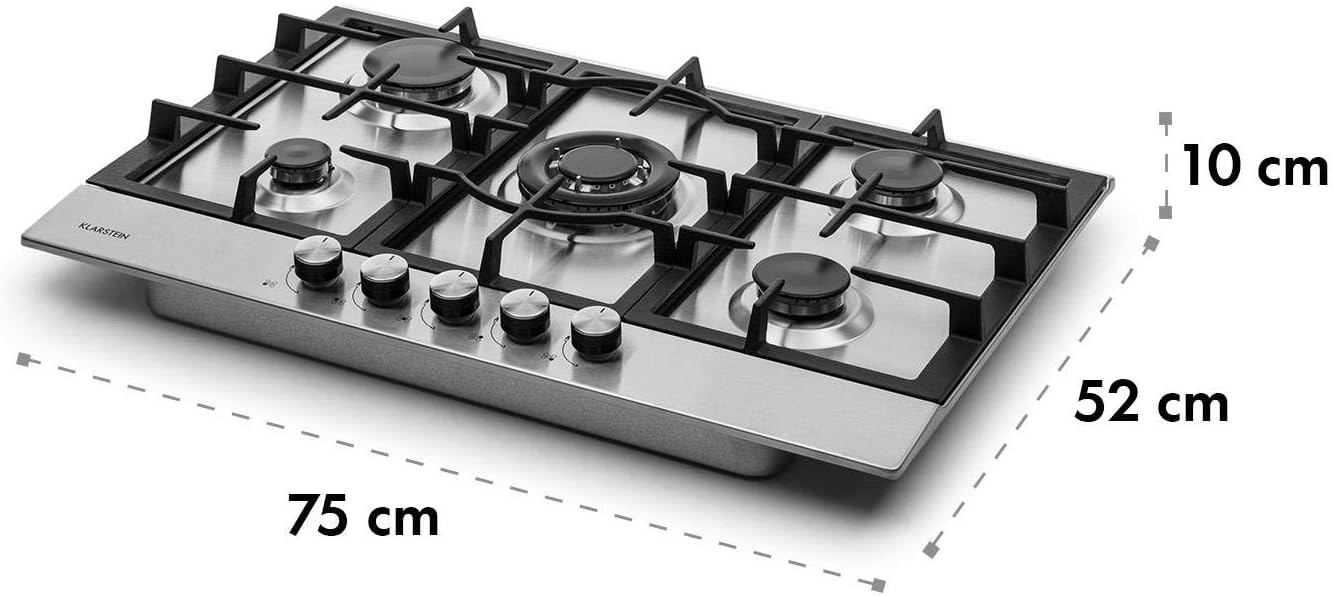 Klarstein Ignito 5-Zone Stainless Steel Gas Hob New Edition 5-Burner Self-Sufficient, 75 cm Sabaf Burner, Natural Gas / Propane Gas, Safe: Automatic Shut-Off, Cast Iron Pan Rack, Wok Attachment,