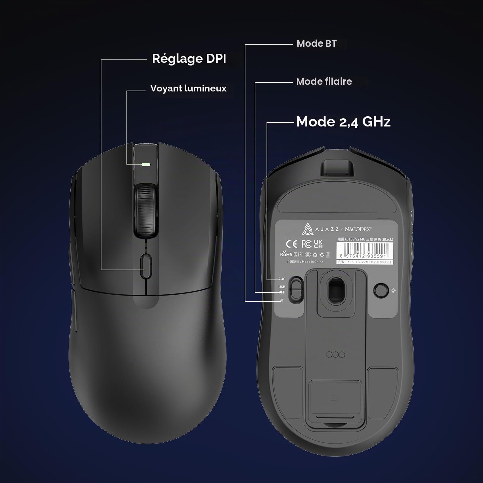 AJAZZ AJ139 V2 MC Wireless Gaming Mouse, PAW3311 Sensor, 24K DPI, 2.4G/USB-C/BT, 500mAh Battery, Ultra-Light 66g, RGB Magnetic Charging Base, 80 Million Clicks Life, Compatible with PC and Mac, Black