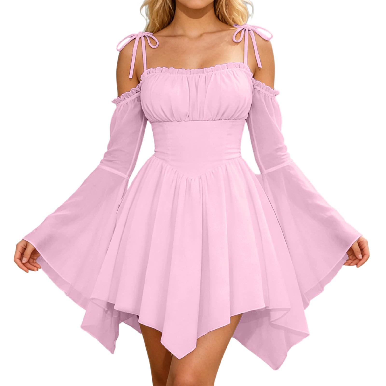 Renaissance Dress Fairy Dress Women Soft Summer Off Shoulder Halloween Costumes with Corset Design Lightweight A Line Mini Dresses Chiffon Long Sleeve for Carnival Themed Events — image 1