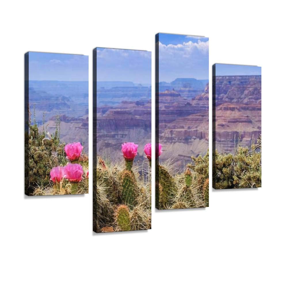 Prickly Pear Cactus Blooms on the Grand Canyon Rim Canvas Print Artwork Wall Art Pictures Framed Digital Print Abstract Painting Room Home Office Decor Ready to Hang 4 Panel