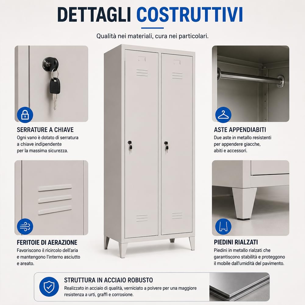 BAKAJI Armadio Metallo Spogliatoio 2 Ante con serratura 66x36x180H cm | Chiusura a Chiave, Grigio, Ripiano Superiore, Asta Appendiabiti, Salvaspazio Multiuso