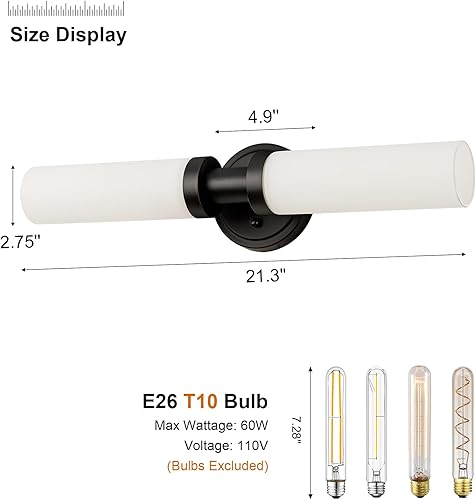Miniatura 5 de SANTOSTOCK Lámparas de baño negras, apliques de pared de 2 luces con pantalla de vidrio blanco, luces modernas de tocador para espejo, lámpara de