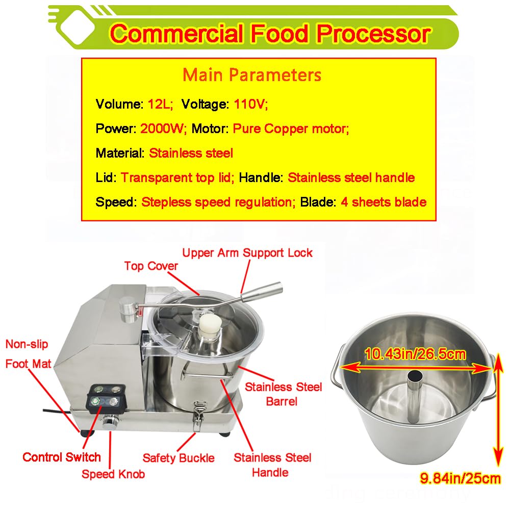 Procesador de alimentos comerciales de 12L Acero inoxidable Picador eléctrico de verduras de carne Cortador de alimentos multifuncional Molinillo de carne Batidor de albóndigas Batidora de 3