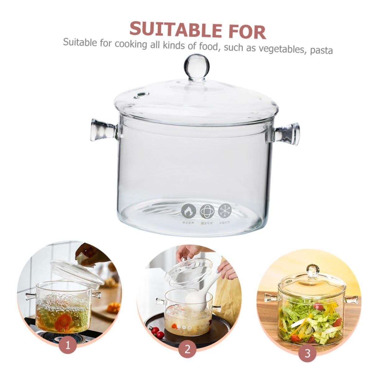 VILLCASE Hitzebeständiger Glas kochtopf mit Deckel und Doppelgriff Transparenter Suppentopf aus Stabilem Glasgeschirr für Vielseitiges Kochen und Einfache Reinigung Mikrowellengeeignet