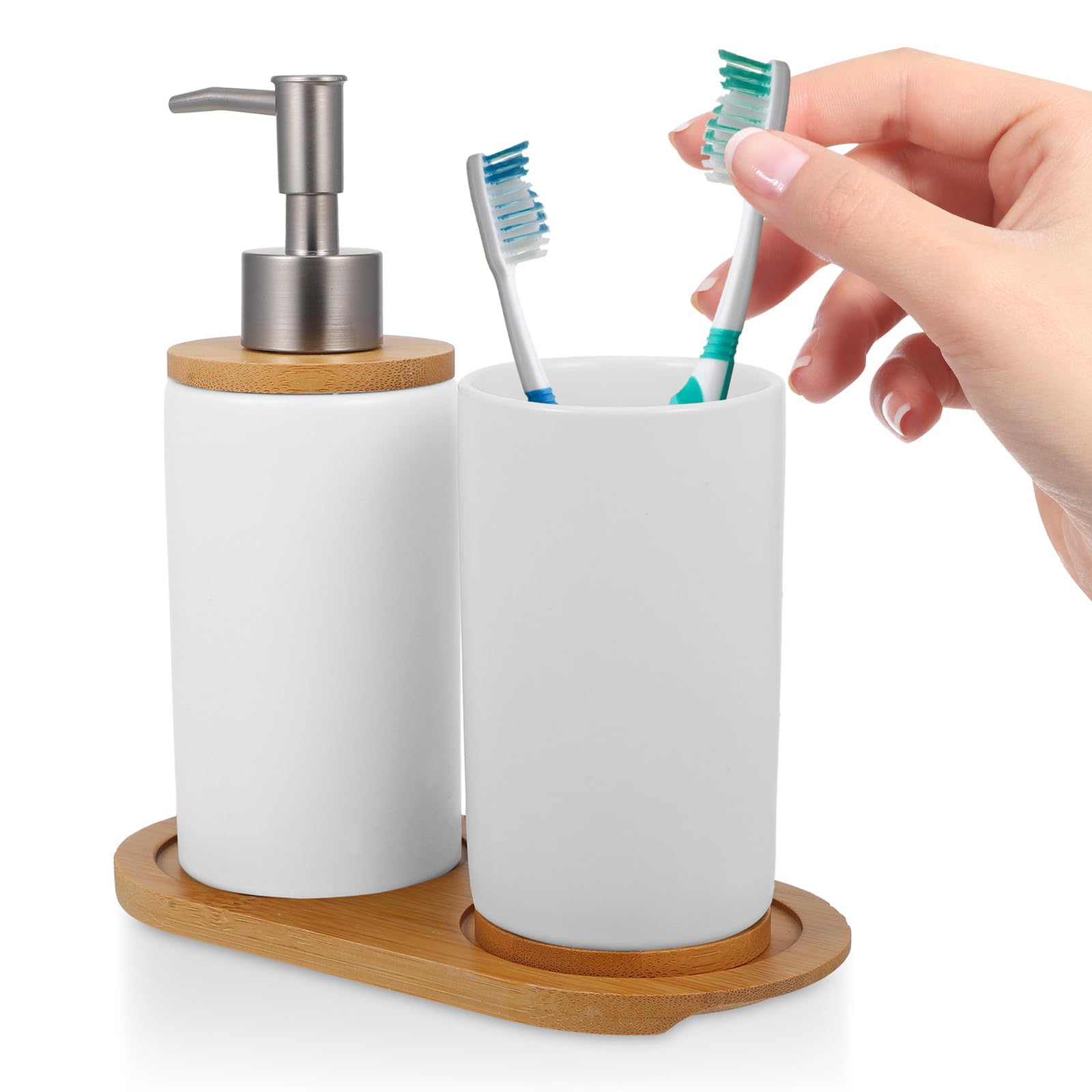 Yardwe Juego de Accesorios para Baño Cerámico Blanco 3 Piezas (Vaso 350ml, Dispensador 430ml, Base) Set para Cepillo de Dientes y Dispensador de Jabón Recargable para Baño Hogar