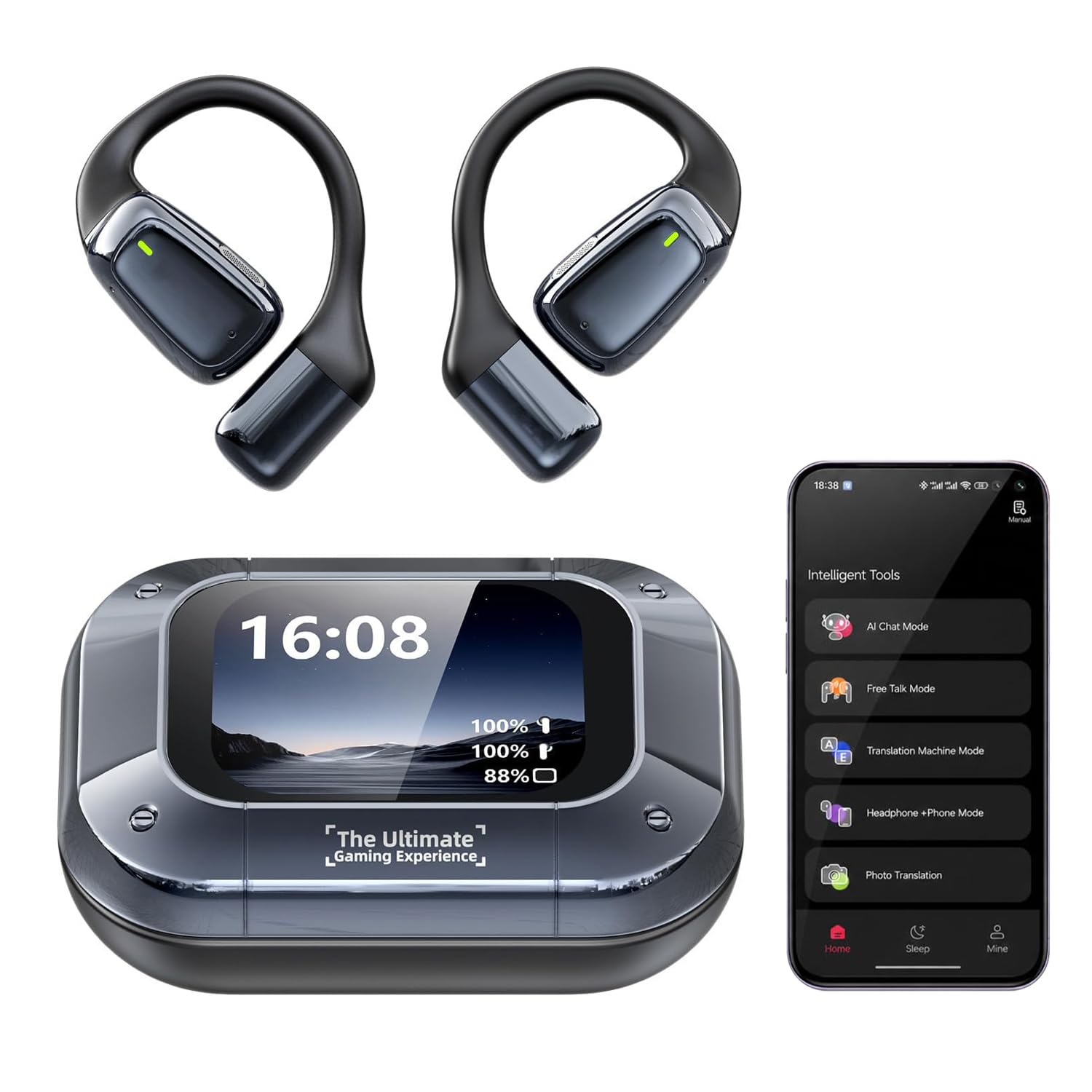 ne25 ai translation earbuds real time with lcd touch screen | over ear earbuds bluetooth 5.4, 60h playtime, 165 languages ai translator, 7 modes for travel business learning (black)