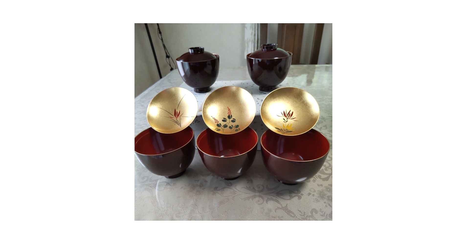 【金沢金箔工芸品　四季草花　小吸物椀×10客セット】合成漆器　長期保管品 溜色 金沢金箔工芸品 四季草花 小吸物椀×10客セット】合成漆器 長期