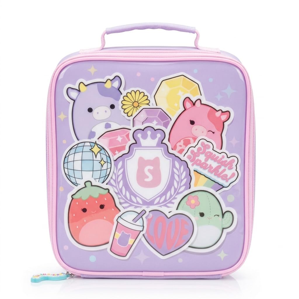 Squishmallows Kids Insulated Lunch Bag – Cute Pastel School Lunch Bag with Zip Closure & Carry Handle, Thermal Food Storage for Girls Boys, BPA Free Wipe Clean Lunch Tote 23 x 20 x 8 cm
