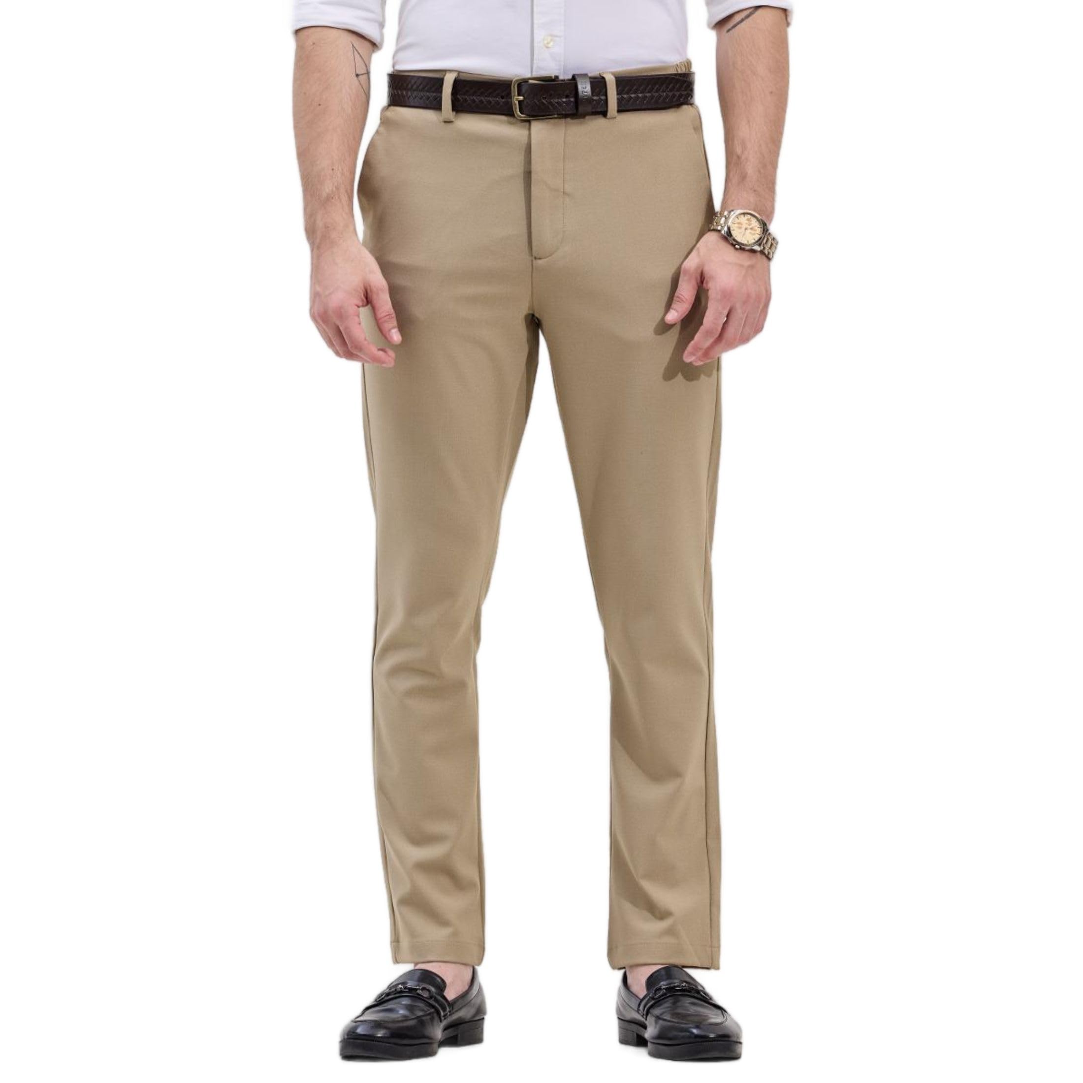 SNITCH Beige Poly Blend Stretch Slim Fit Trousers in beige