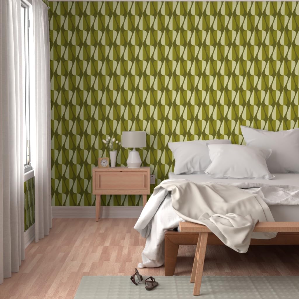 Peel & Stick Wallpaper 3ft x 2ft - Green Retro Spades Mid Century Modern Vintage Cool 70S 60S Avocado Hourglass Teardrop Oval Custom Removable Wallpaper by Spoonflower