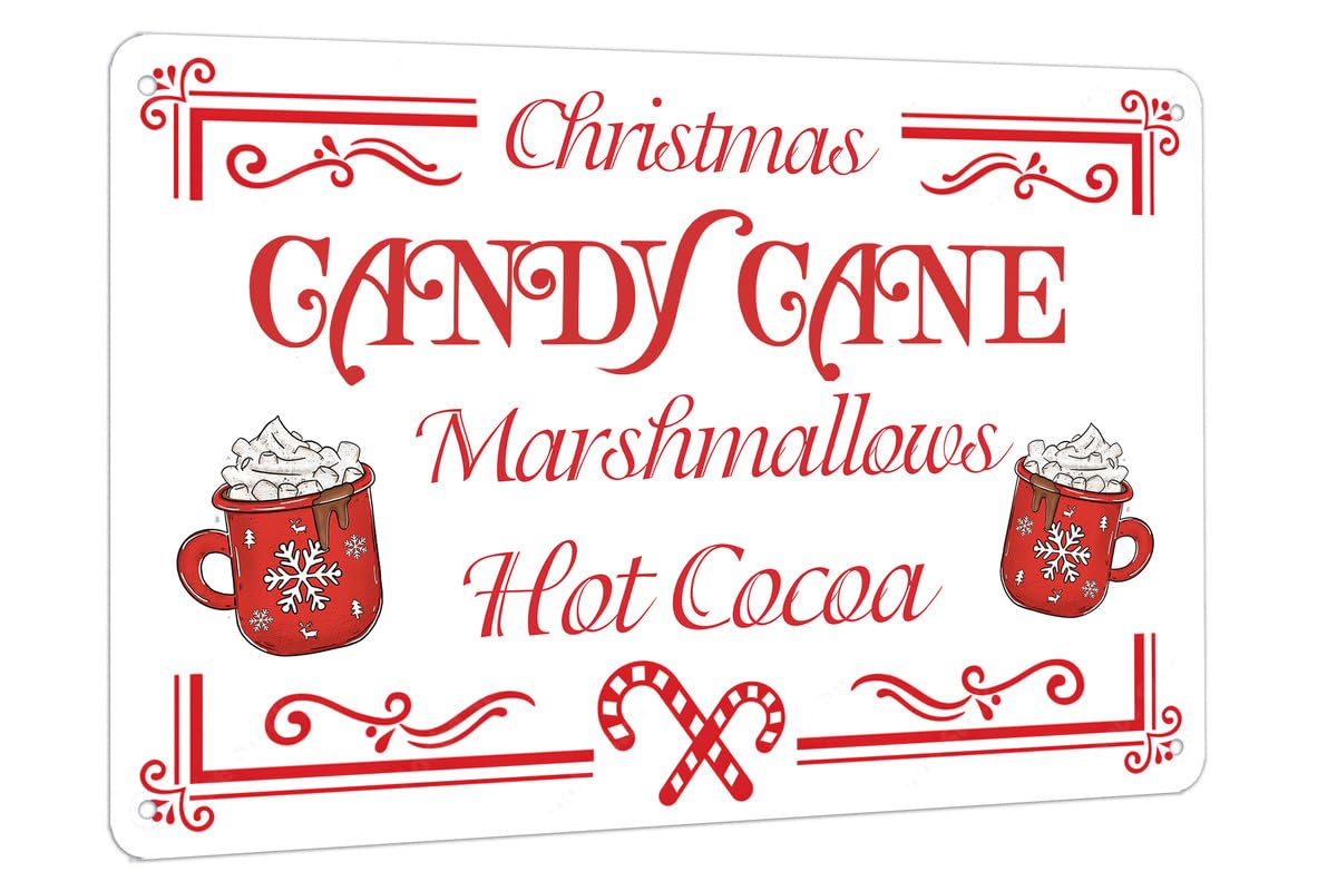 Marshmallow Candy Cane Hot Cocao Metal Tin Sign Vintage Retro Christmas Hot Cocoa Sign for Cafe Home Kitchen Coffee Shop Decor 8x12 inch