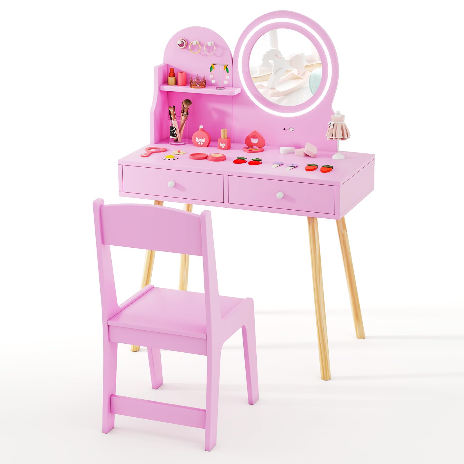 GYMAX Kids Vanity Table and Chair, Wooden Girls Dressing Tables with 2-Color LED Lighted Mirror, Drawers, Storage Shelf and Hooks, Children Makeup Desk Set for 3 Years Old+ (Pink)