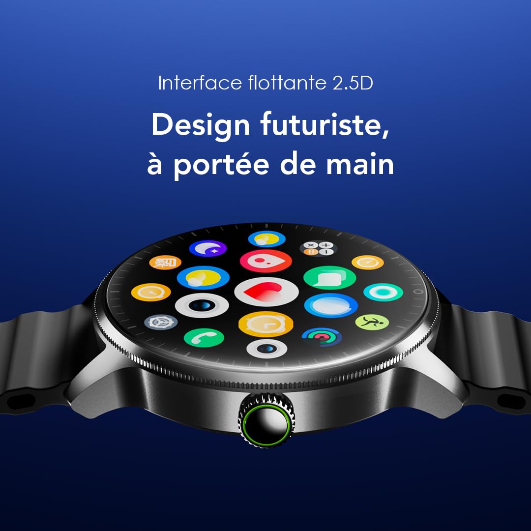 oraimo Montre Connectée Écran AMOLED 1,43 Pouce Appels Bluetooth 5.3 Batterie 11 Jours Suivi Rythme Cardiaque SpO2 Étanche IP68 Mode Sport Homme Femme Notification Android 6.0 iOS 11 Noir