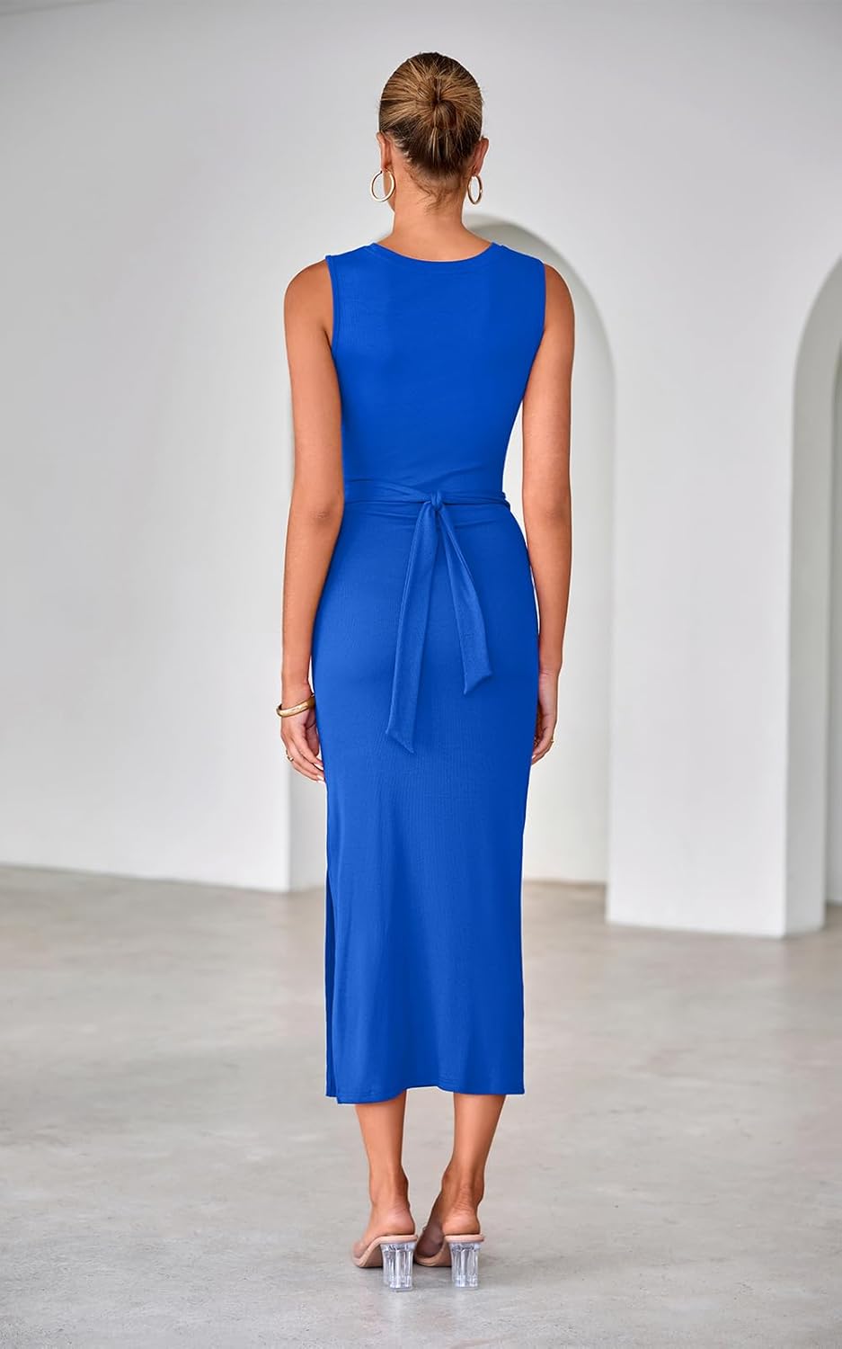 oten Women's Sexy Cut Out Ruched Bodycon Maxi Dress Sleeveless Tie Knot Slit Ribbed Party Club Night Out Dresses - Image 3