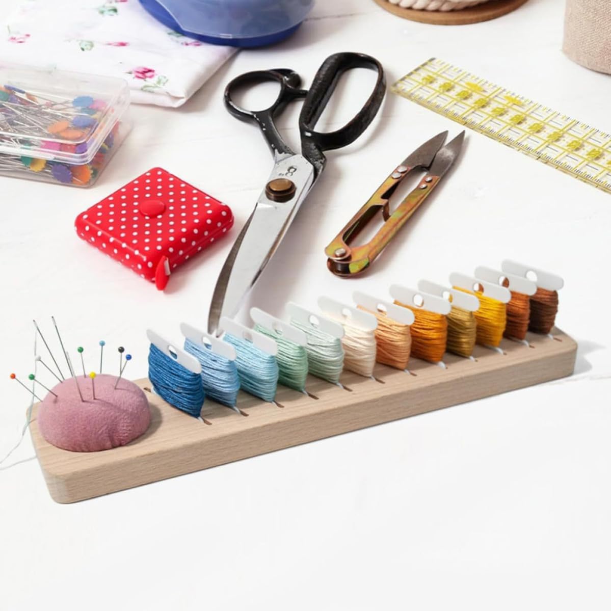SWOOMEY Portable Embroidery Thread Storage Organizer Rack with Wooden and Plastic Materials, Convenient Sewing Accessory Organizer for Craft Storage and Thread Management,