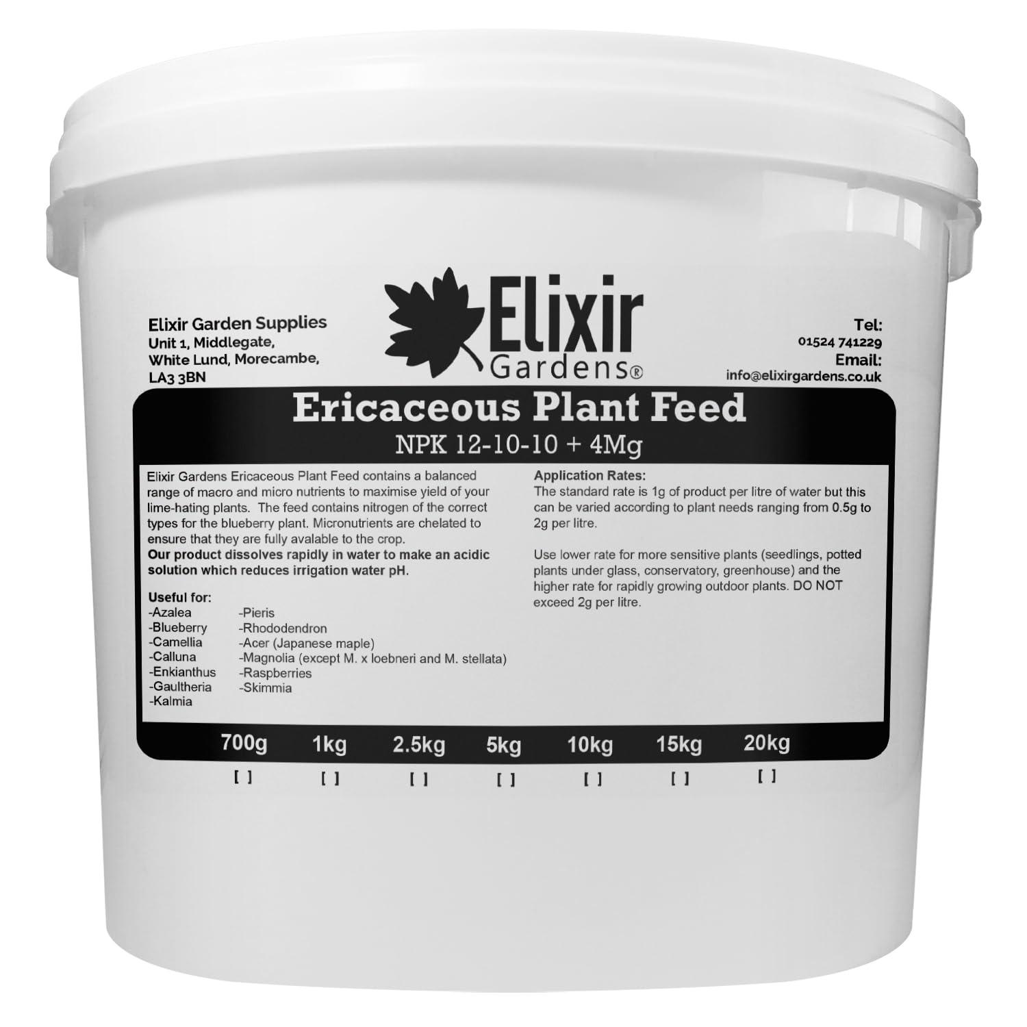 Elixir Gardens Soluble Ericaceous Fertiliser/Feed | Azalea, Rhododendron, Acer, Magnolia & Camellia Plant & Shrub Food | NPK: 12-10-10 + 4 | 15kg Resealable Tub