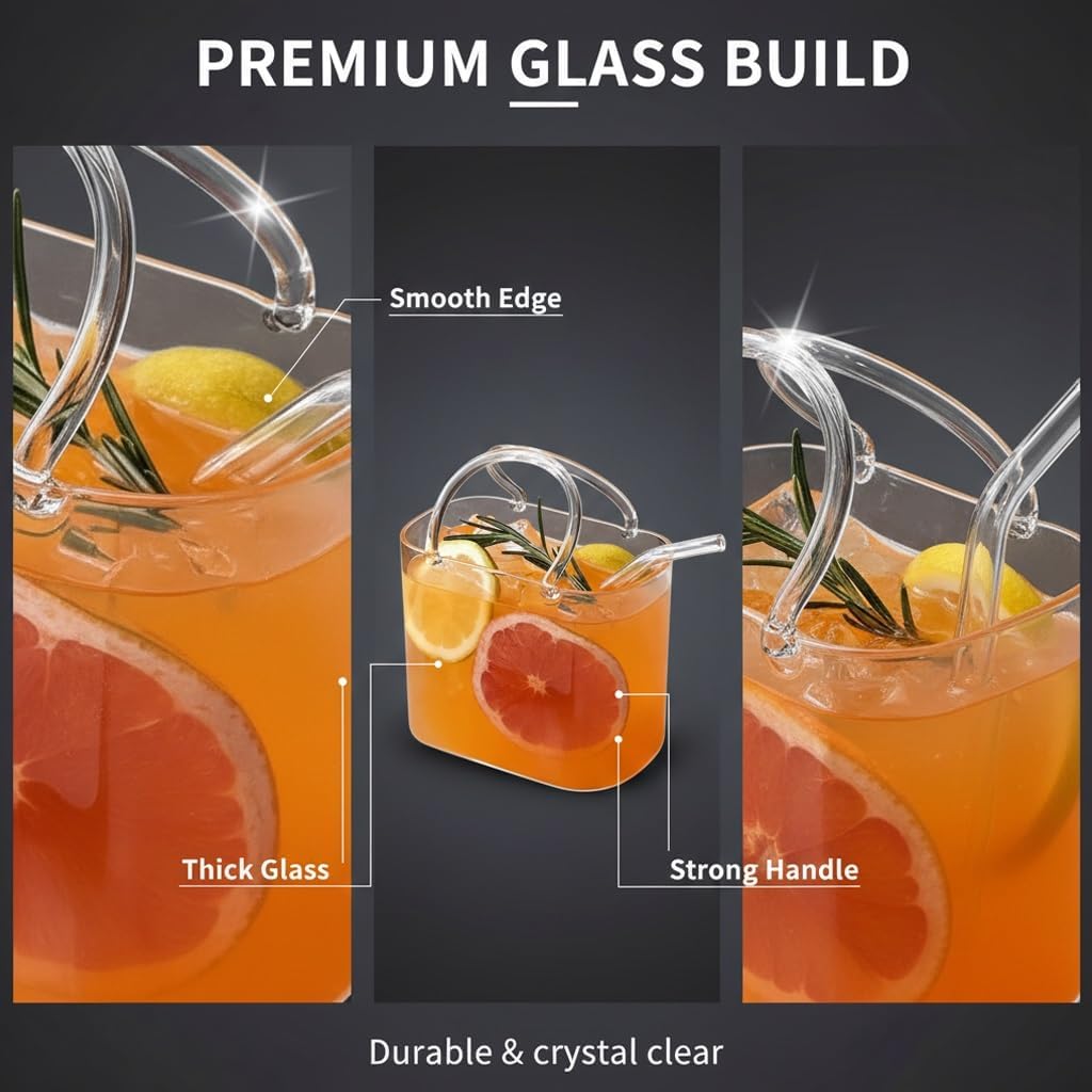 Glass Purse for Drinks, Unique Handbag-Shaped Purse Glasses, Creative Bag Shape Drinking Cup with Glass Straw, Cocktail Wine Glasses Vase for Juice Tea Flowers Home Bar Party Decor