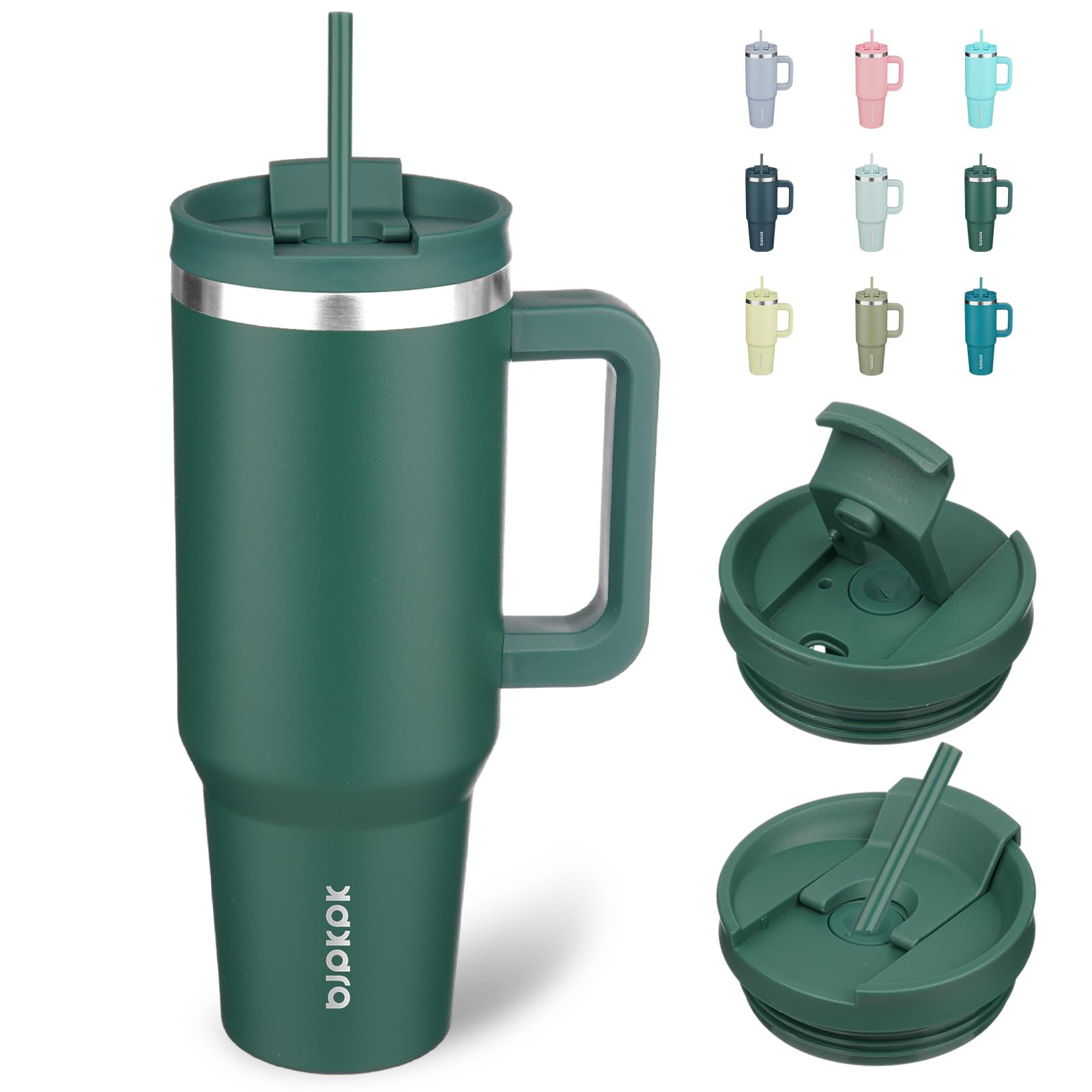BJPKPK Edelstahlbecher mit Griff, isoliert, mit 2 Strohhalmen, Reise-Kaffeetasse mit Deckel, 1200 ml Armeegrün