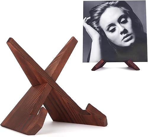 PUERSI Soporte para discos de vinilo Now Playing, soporte de madera para discos giratorios, color marrón rústico