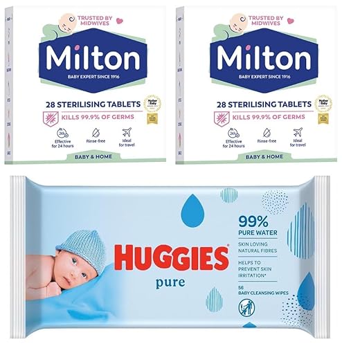 Happy Bees Baby Bundle Milton Sterilising Tablets 28's Twin Pack Plus Huggies Unperfumed Pure Water Baby Wipes 56's