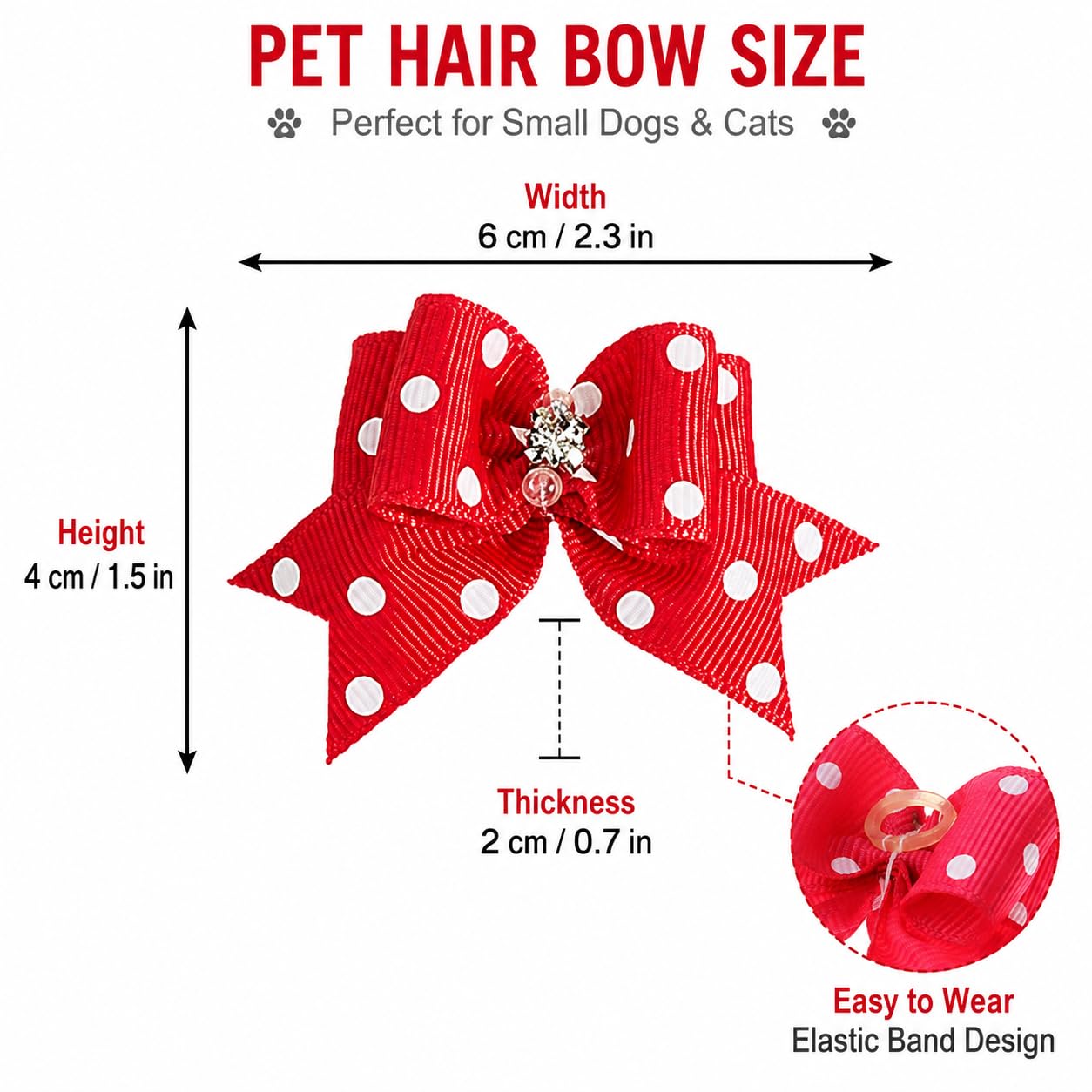 Fiocchi per Pelo di Cani e Gatti a Pois con Elastico, Accessori per Animali Domestici, Colori Casuali, ca. 6 x 4 x 2 cm