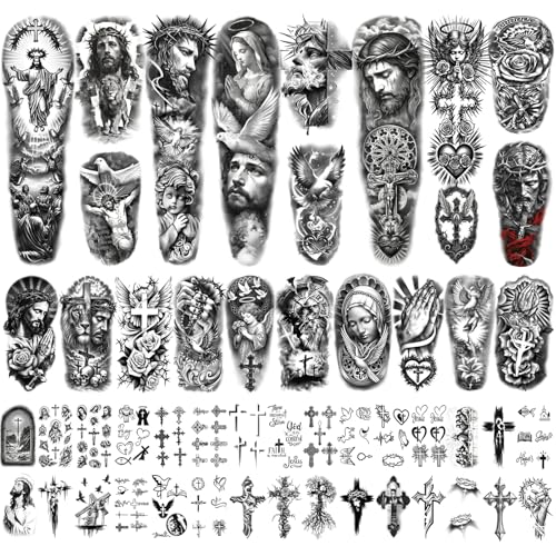 Yazhiji 48 Sheets Christian Full Arm Temporary Tattoos For Adult, Religious Jesus Christ Cross Angel God Half Arm Fake Tattoos, Christ Catholic Realistic Tiny Body Temporary Tattoos for Men Women Kids