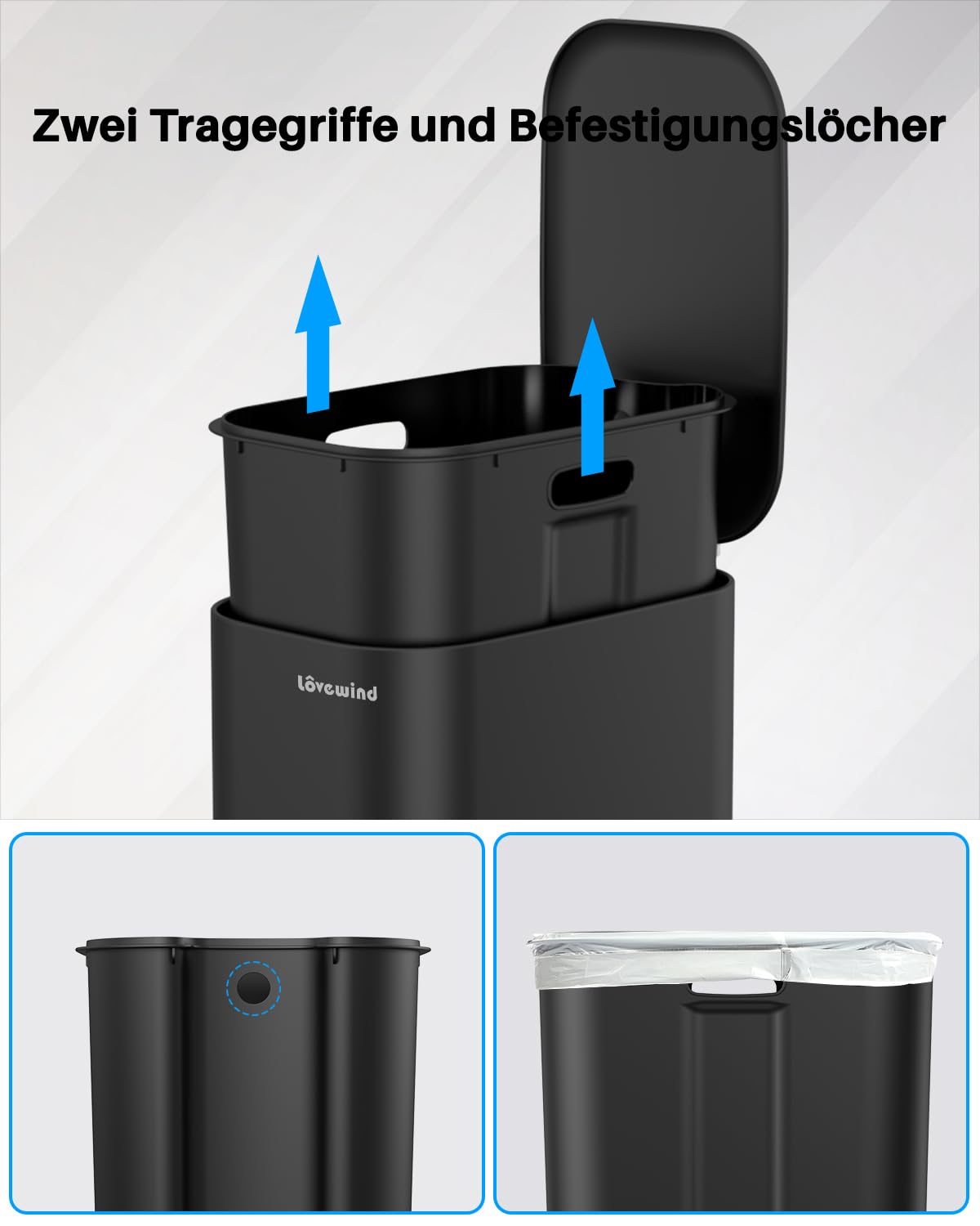 Lovewind Mülleimer Küche 30l, Softclose Abfalleimer mit Deckel,Treteimer aus Stahl, Mülleimer Schmal mit Inneneimer für Küche, Büro, Schwarz