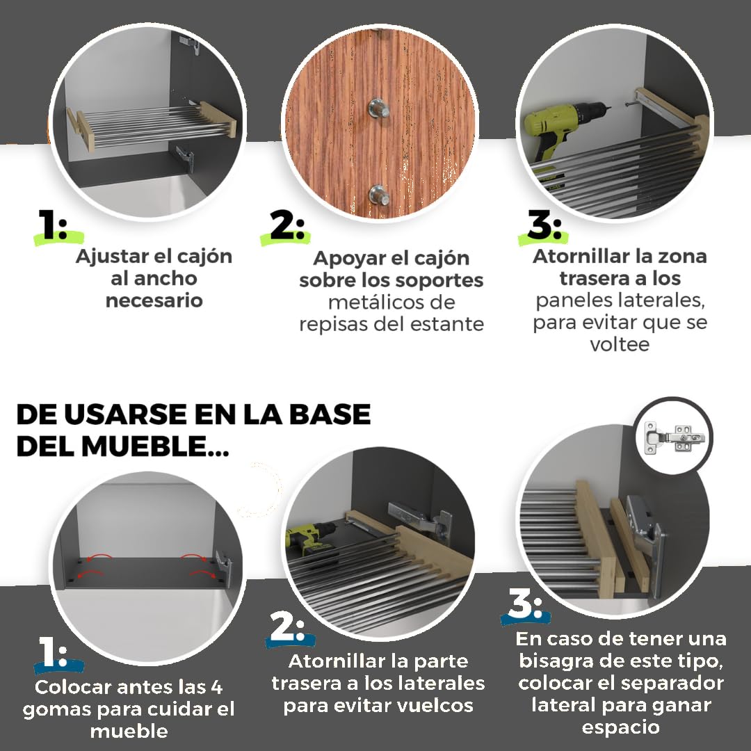 Genérico Cajón Extraíble Regulable para Muebles Altos Cocina Bandeja Telescópica Ajustable 27 5-57 cm Organizador Deslizante Armario con Guías Extracción Total Acero Inoxidable Madera