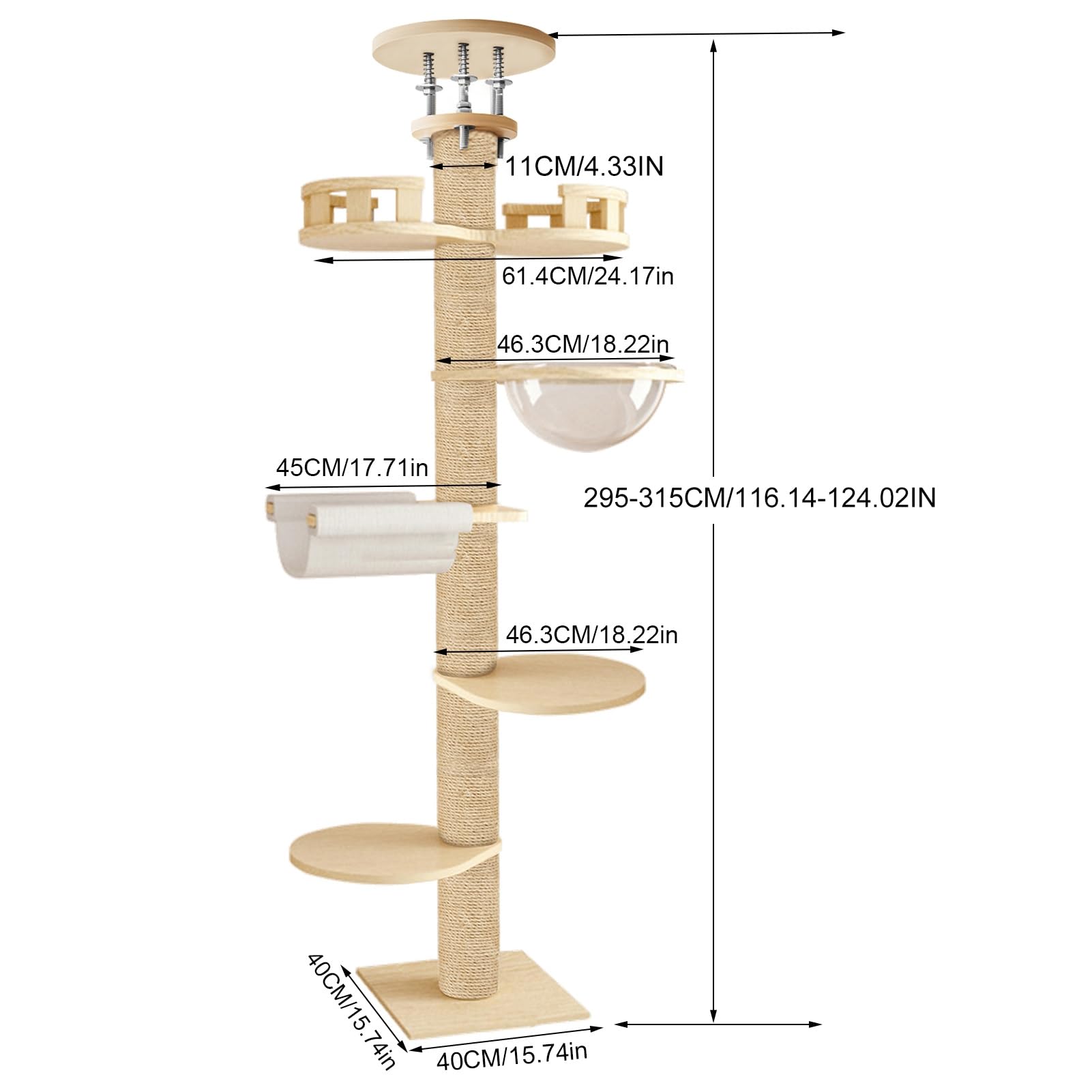 Árbol para gatos de suelo a techo, torre ajustable de 315 cm, poste rascador de cáñamo de 6 niveles, árbol de actividad para gatos resistente para interiores y exteriores, poste rascador para gatos