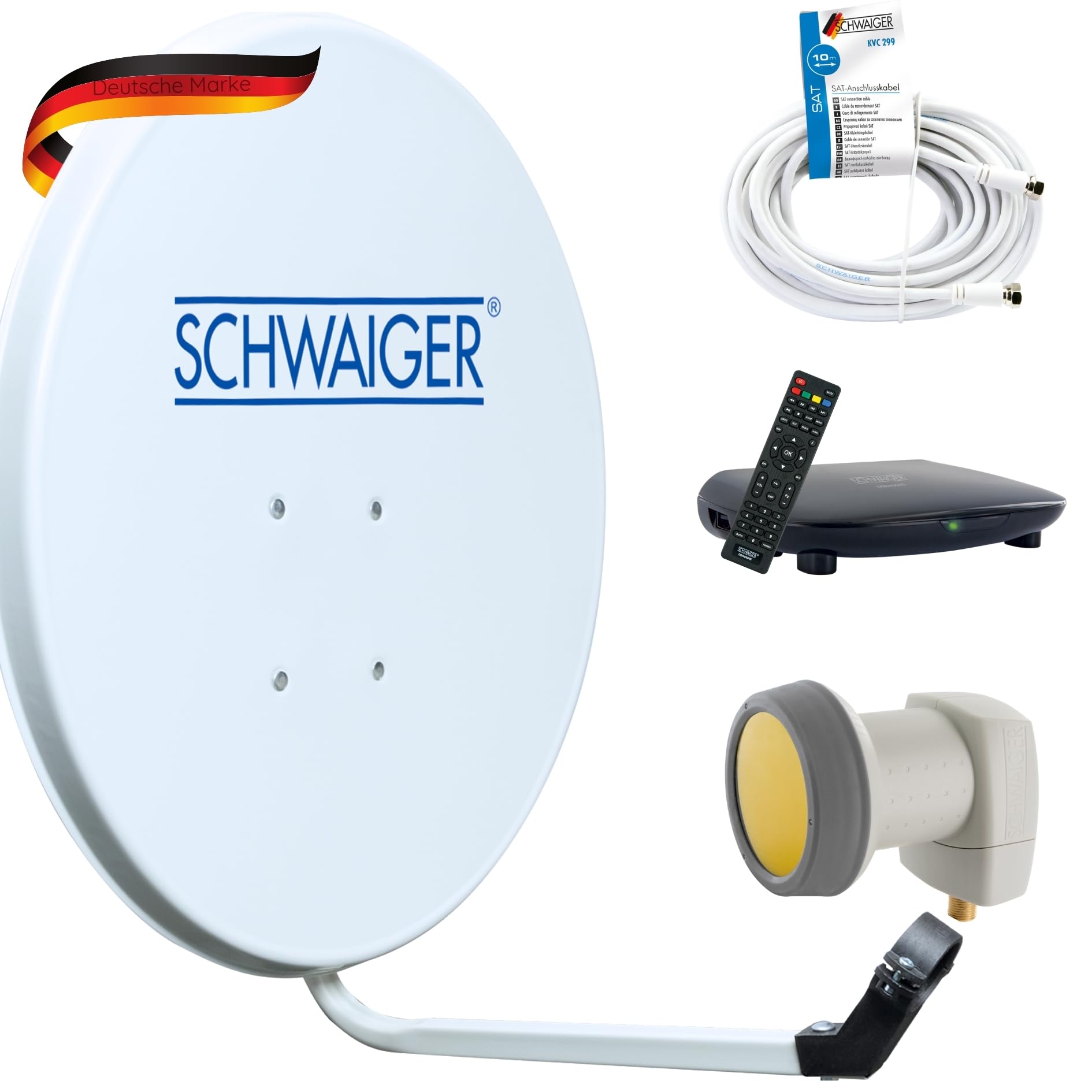 SCHWAIGER 9758 - Impianto satellitare satellitare, ricevitore singolo, LNB HD, cavo coassiale, 10 m, antenna digitale satellitare in alluminio, grigio chiaro, 55 x 62 cm