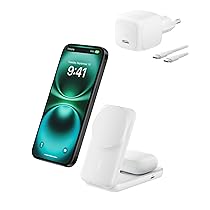 Belkin UltraCharge Caricatore iPhone Qi2, Stazione di Ricarica Wireless 2 in 1 25W, Caricatore Wireless Compatibile con MagSafe per iPhone, AirPods, Pixelsnap con Porta USB-C e Adattatore 45W, Bianco