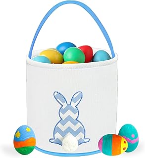 Easter Bunny Basket Bags for Kids, Easter Gift Bags Canvas Cotton Carrying Eggs Hunt Bag, Kids Bunny with Fluffy Tails Tote Bag for Easter Decorations-Blue