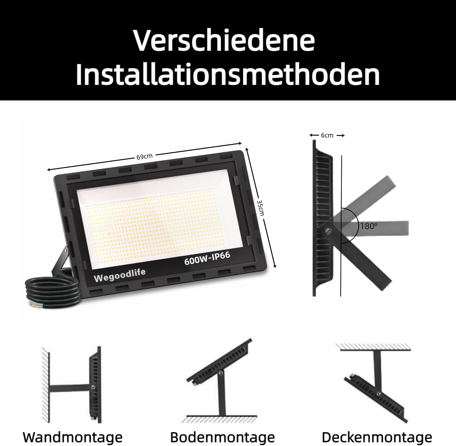 Reflektor LED 600 W, bardzo jasny, 60000 lm, 6500 K, zimna biel, IP66, wodoszczelny reflektor LED, kabel 50 cm, bez wtyczki, lampa zewnętrzna do ogrodu, na podwórko, korytarz