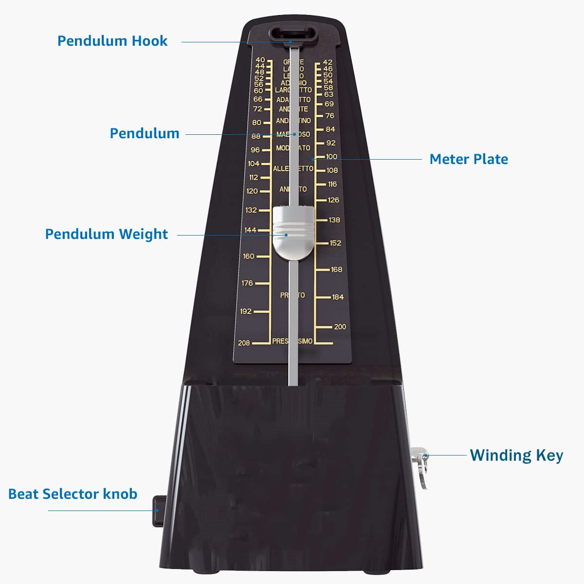 Metronomo Meccanico Universale con Campana Accentuata, Battito Preciso e Suono Forte, Facile da Usare, Adatto per Pianoforte Chitarra Sassofono Batteria Tromba Clarinetto ecc,Nero